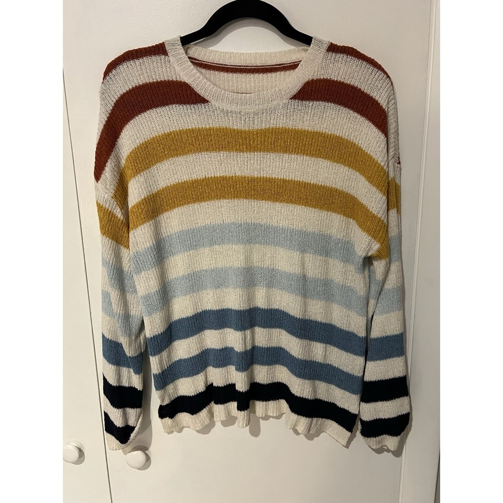 Rainbow Striped Cozy Acrylic Nylon Sweater Womens Small White Knit Cuffed Sleeve